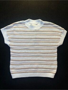Varley White and Tan Ciara Stripe Knit Short Sleeve Sweater Top